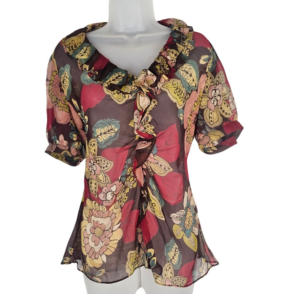 Lafayette 148 Top Women 8 Multicolor Floral Ruffle Silk Chiffon Sheer Boho Artsy